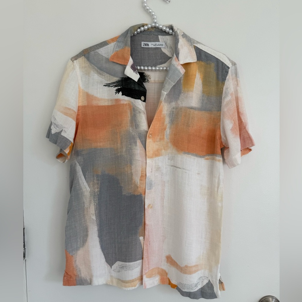 ZARA Abstract Print Short Sleeve Button-Up Shirt